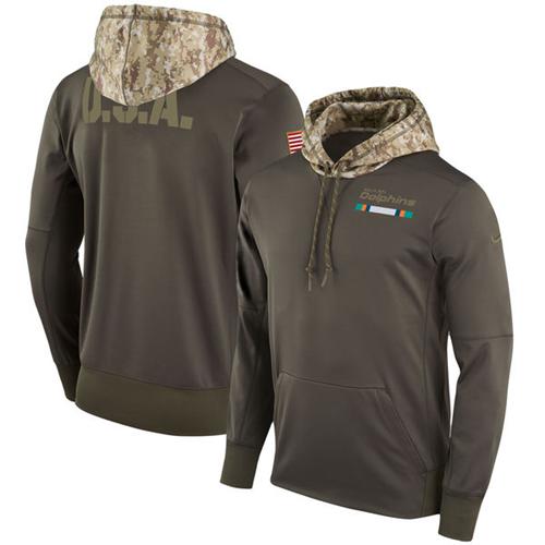 Men's Miami Dolphins Nike Olive Salute to Service Sideline Therma Pullover Hoodie - Click Image to Close